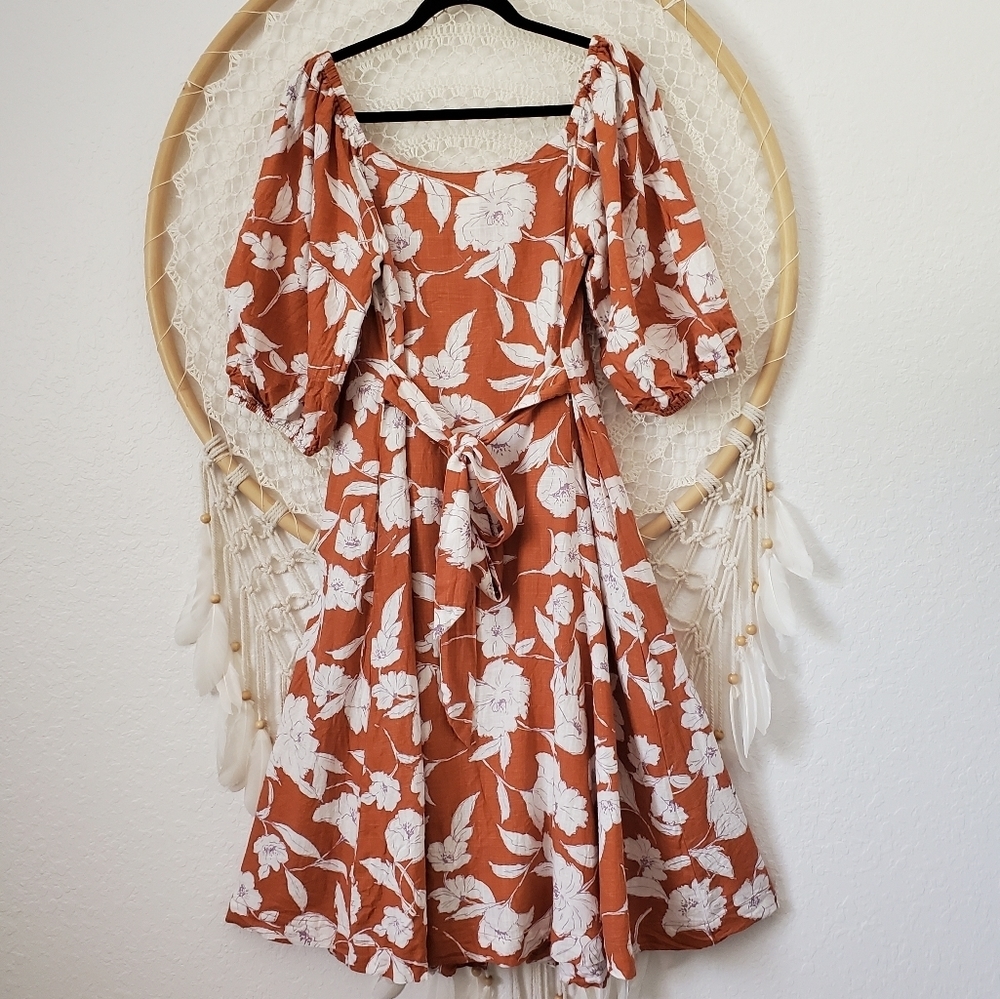 Linen Floral Square Neck Puff Sleeve Midi Dress /By Together sold by Lord&Taylor